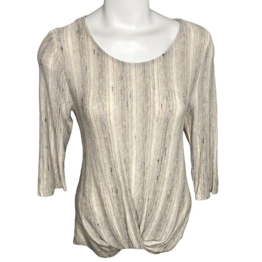 W5 Blouse Top Women's MEDIUM Beige White Gray‎ Scoop-Neck Soft-Knit Twist-Front
